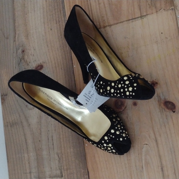 Sigerson Morrison Black Suede Divya Peep Toe Beaded Heels NWT Size 7.5 - Picture 5 of 14